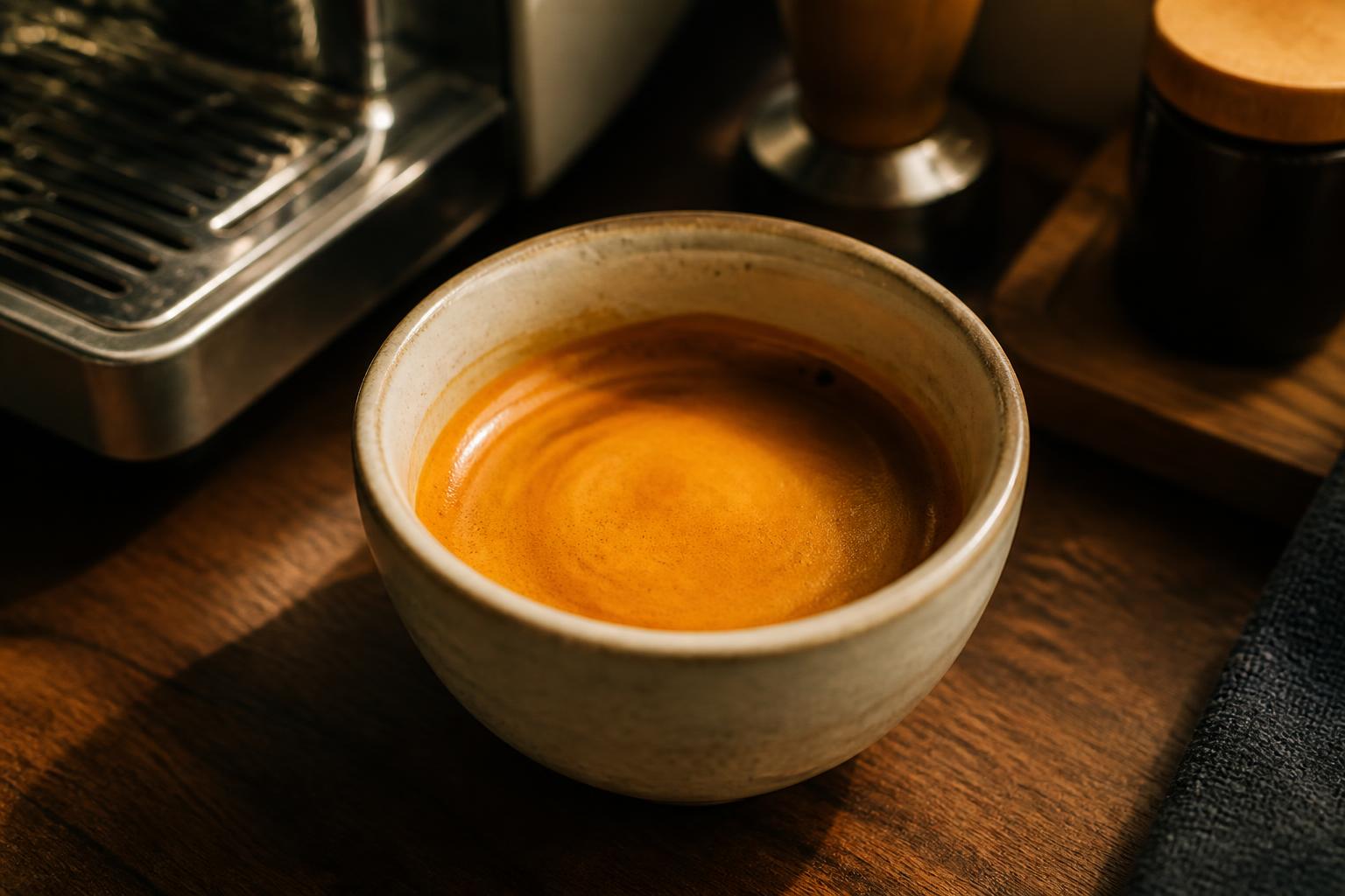An espresso shot resting on a wooden counter