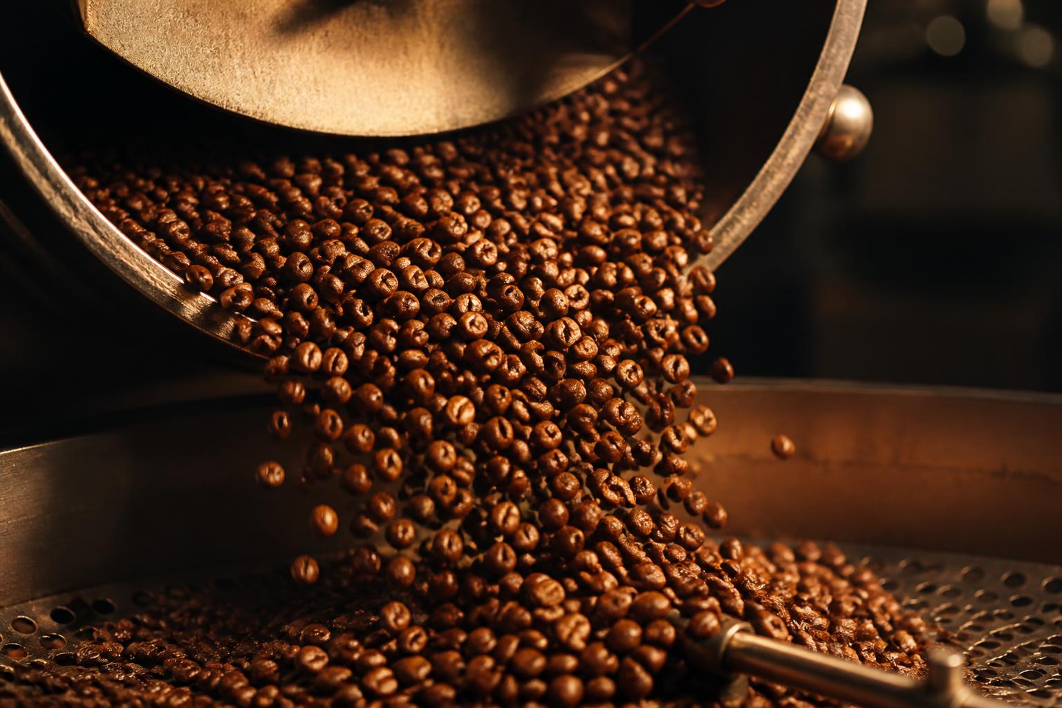 Coffee beans tumbling out of a roaster